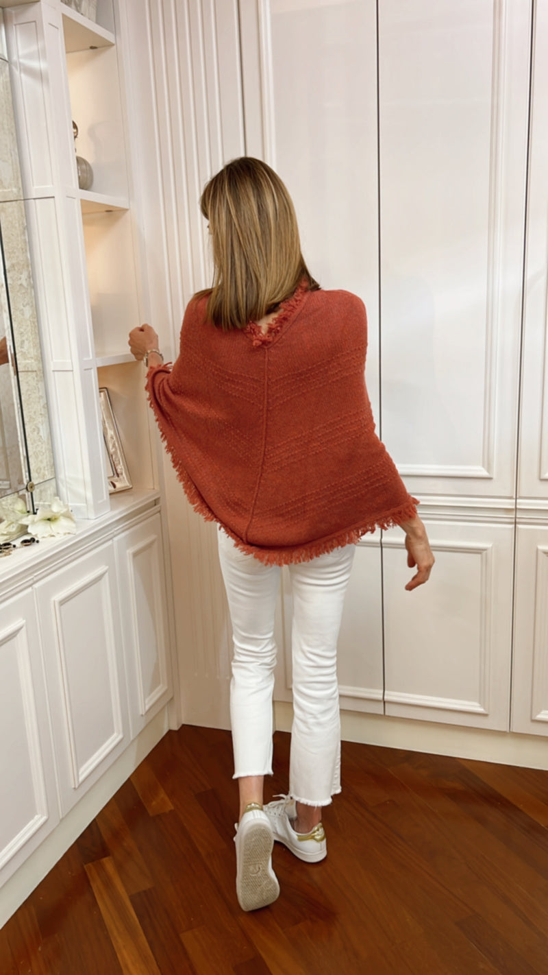 IL PONCHO GRUNGE RUGGINE CON FRANGE | 100% CASHMERE