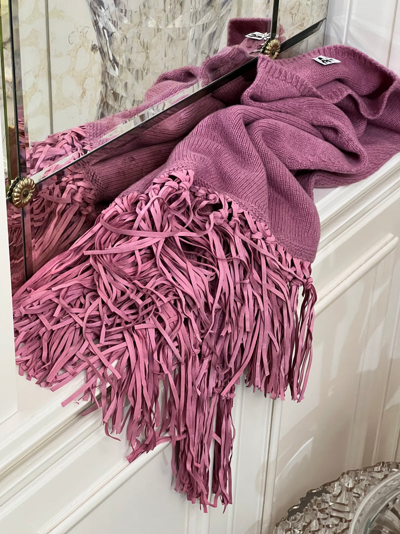 PONCHO CON FRANGE ROSA TROPEA | 100% CASHMERE