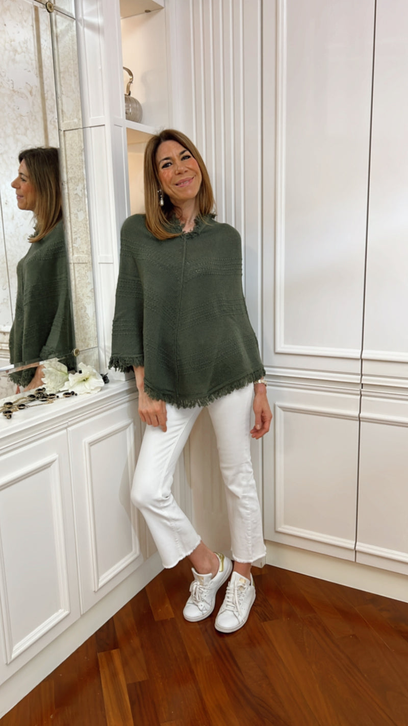 IL PONCHO GRUNGE MILITARE CON FRANGE | 100% CASHMERE