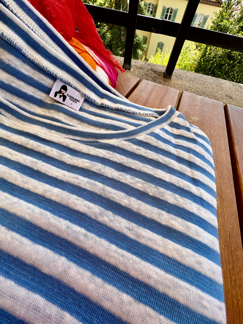 T-SHIRT A RIGHE BIANCO/AZZURRO | 100% LINO