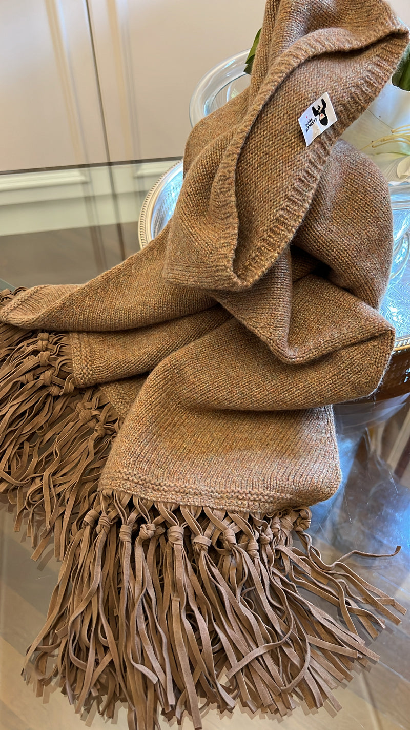 PONCHO 100% CASHMERE CON FRANGE ACERO CAMMELLO MEL