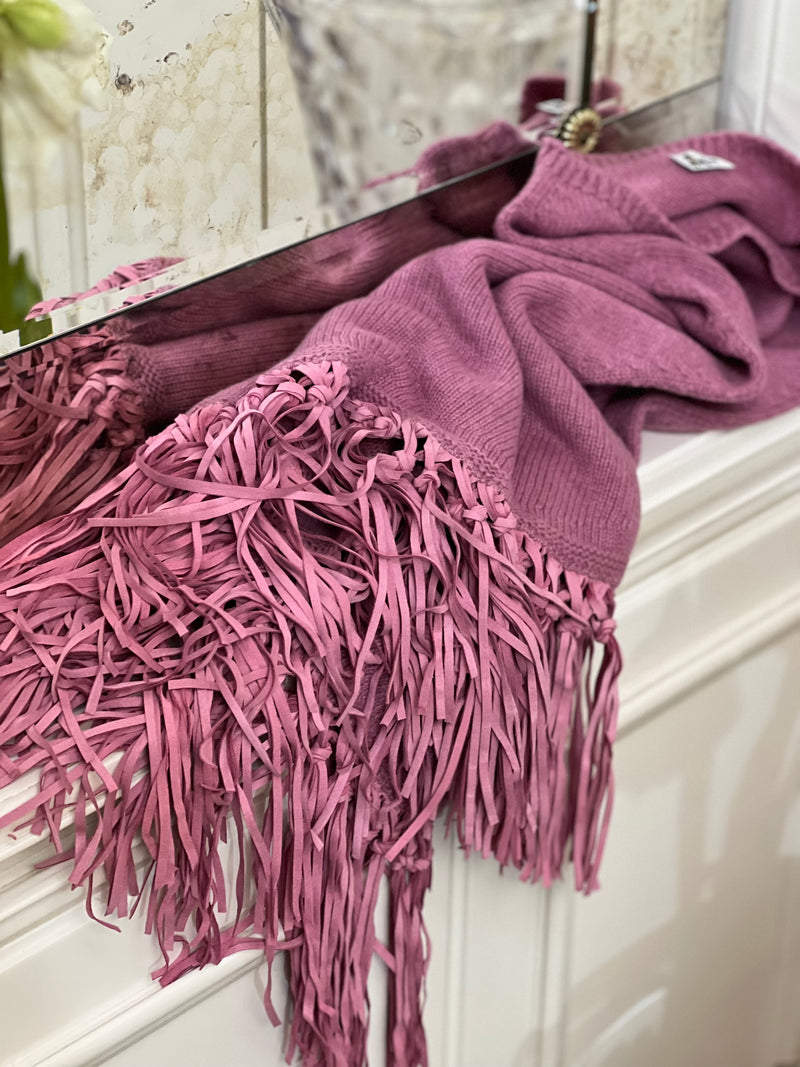 PONCHO CON FRANGE ROSA TROPEA | 100% CASHMERE