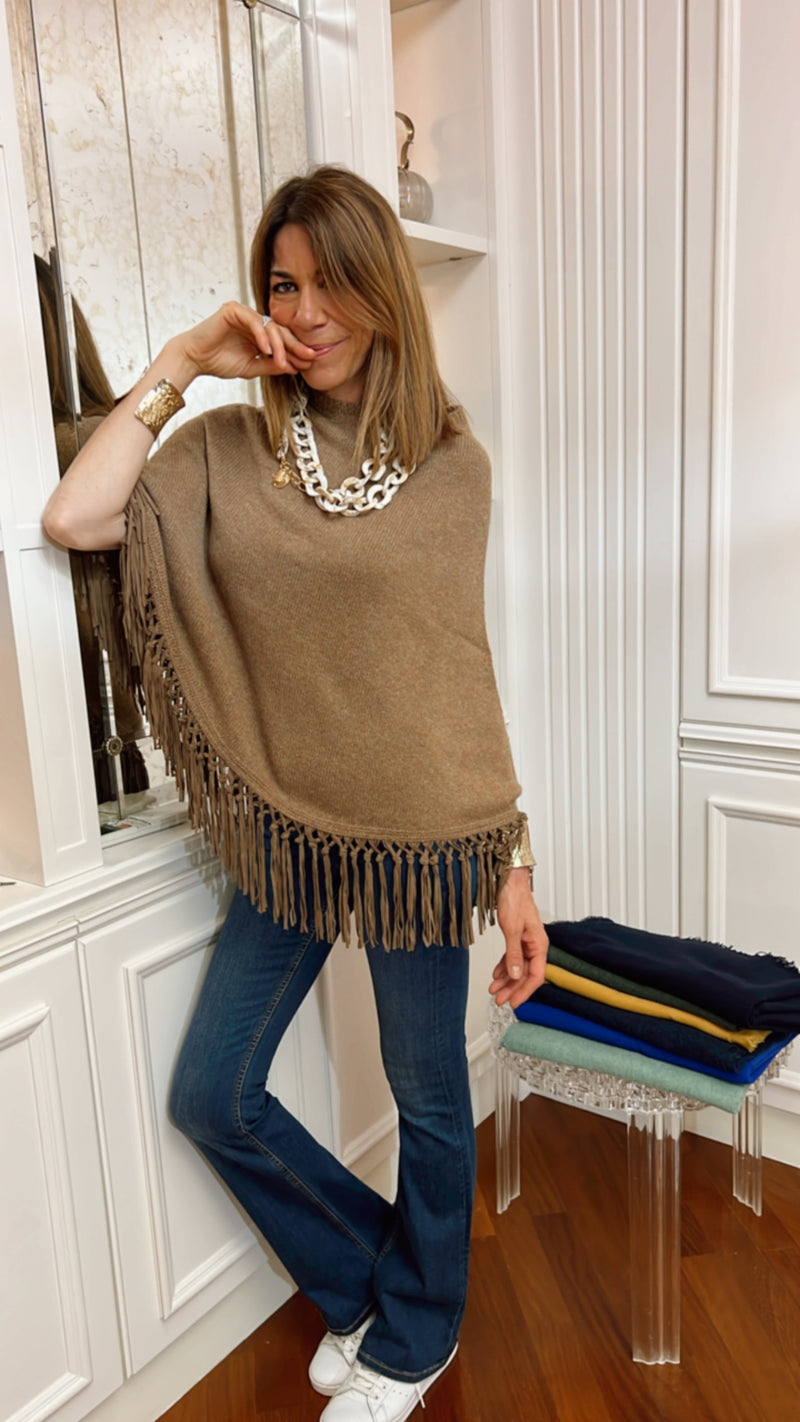 PONCHO 100% CASHMERE CON FRANGE ACERO CAMMELLO MEL