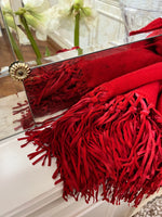 PONCHO CON FRANGE SCAMOSCIATE ROSSO| 100% CASHMERE