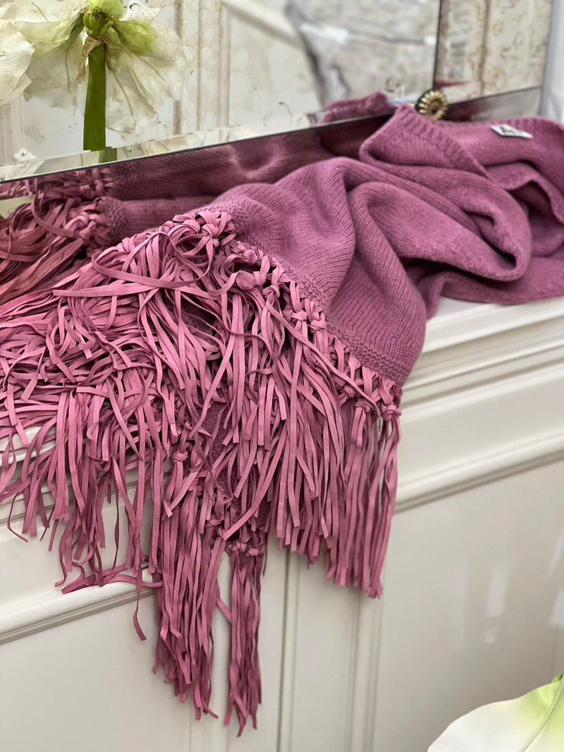 PONCHO CON FRANGE ROSA TROPEA | 100% CASHMERE