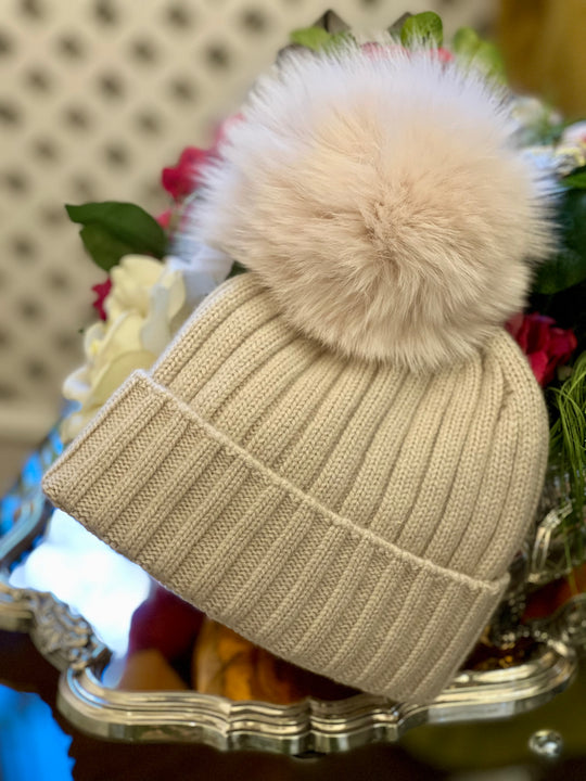 Cappellino Cashmere Donna Cappello Con Pon Pon Vera Pelliccia