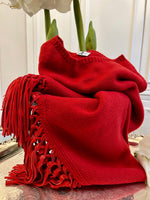 PONCHO CON FRANGE SCAMOSCIATE ROSSO| 100% CASHMERE