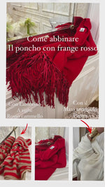 PONCHO CON FRANGE SCAMOSCIATE ROSSO| 100% CASHMERE